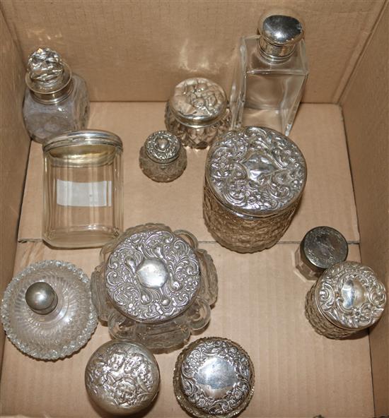12 x silver lidded toilet jars etc